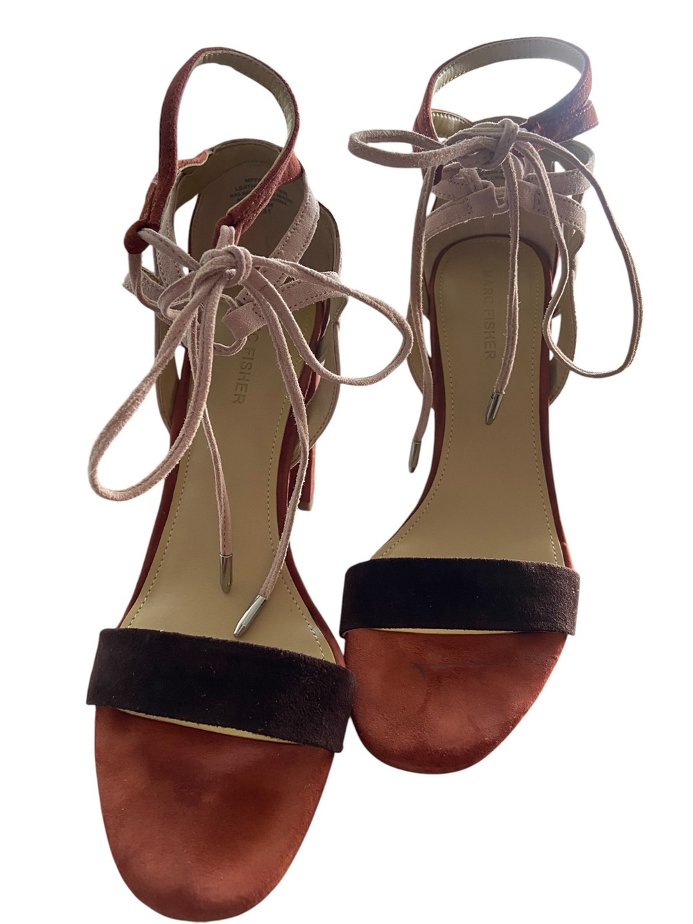Marc Fisher Suede Two-Tone Lace-Up Block Heel Sandals - Rust & Blush - Picture 6 of 13
